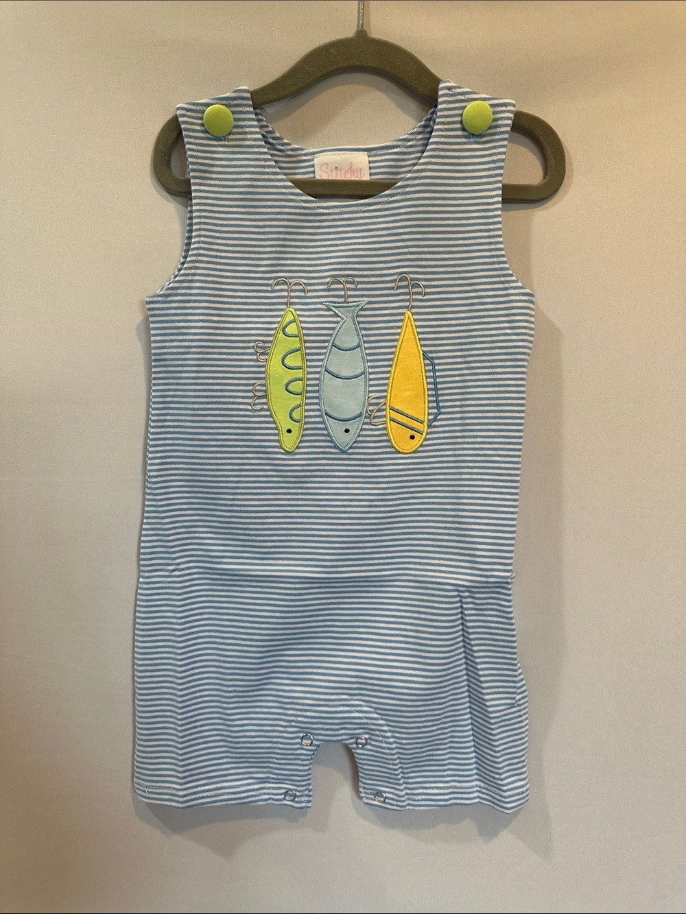 Stitchy Blue Striped Kids One-Piece with Fish Appliqué